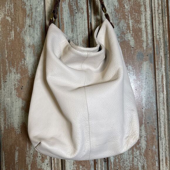 Elliott Lucca Large Cream Leather Handbag Hand Painted Peacock Feather S… - Picture 12 of 16